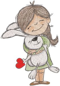 Menina abraça lebre com desenho de bordado de coração
