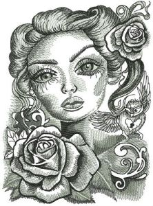 Romantic beauty with big eyes embroidery design
