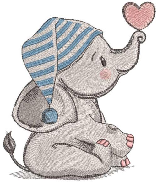 Elephant baby in nightcap with heart embroidery design