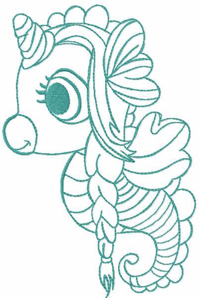 Unicorn seahorse with pigtails embroidery design
