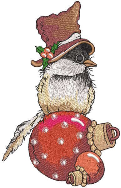 Bird in top hat sitting Christmas ball embroidery design