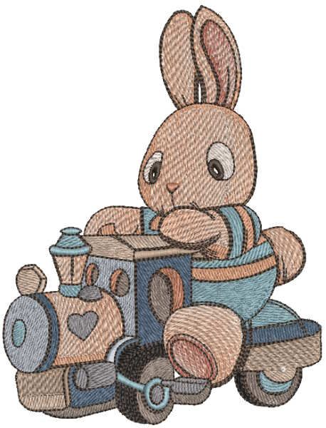 Bunny toy on wooden train embroidery design