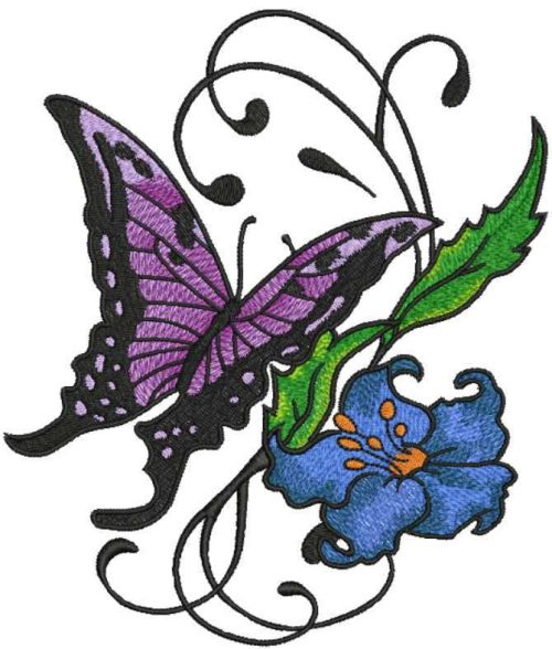 Vintage violet butterfly and blue flower embroidery design