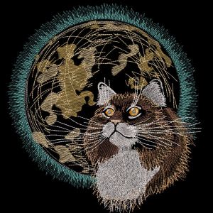 Desenho de bordado de gato e grande lua mística
