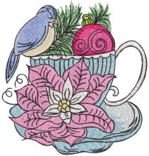 Bird sitting on a cup flower Christmas ball embroidery design