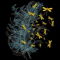 Feather and gold dragonflies embroidery design