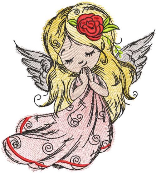 Angel with rose in golden hair embroidery design