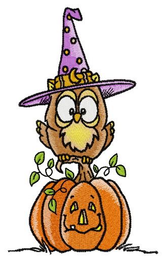 Owl in witch hat 2 machine embroidery design