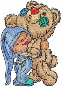 Gnome hugging big teddy bear embroidery design