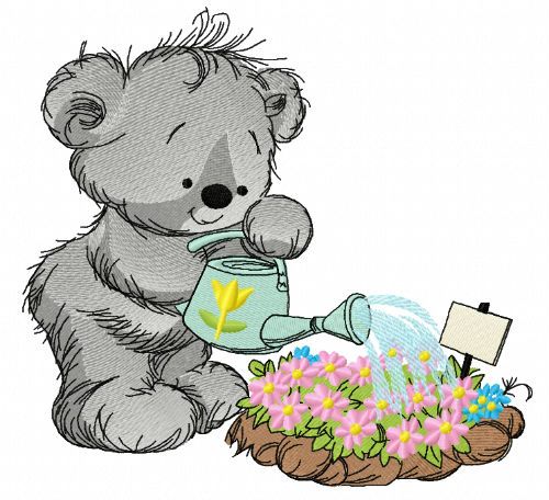 Teddy bear with watering can 6 machine embroidery design