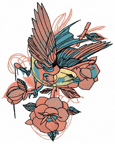 Bird and roses machine embroidery design
