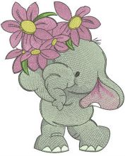 Elephant with small bouquet embroidery design