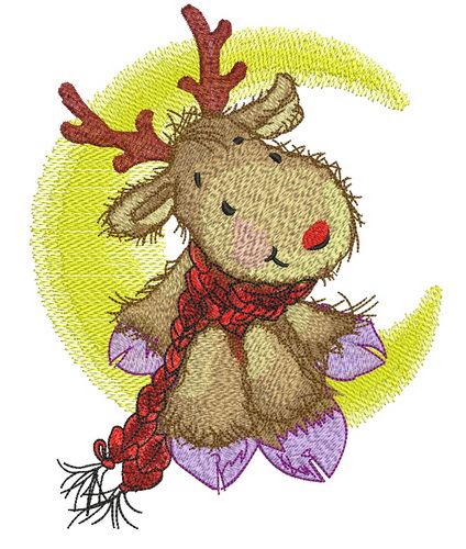 Deer in red knitted scarf on moon machine embroidery design