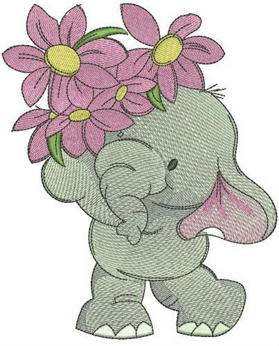 Elephant with small bouquet machine embroidery design