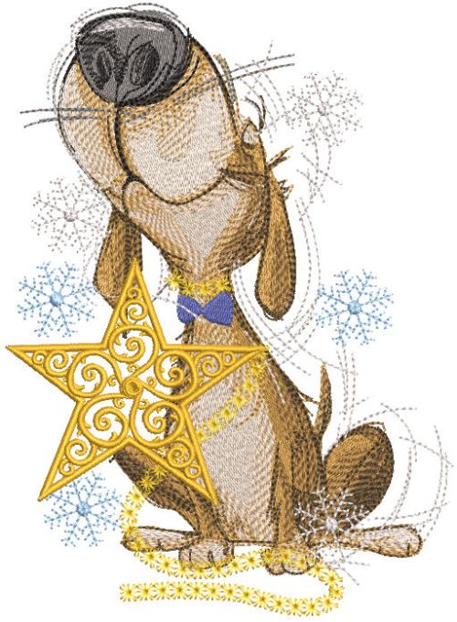 Dog with gold christmas star embroidery design