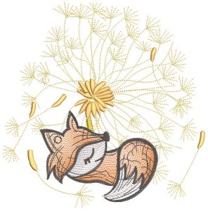 Fox cub is resting under a dandelion embroidery design