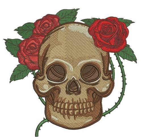 Skull with prickly rose machine embroidery design