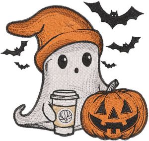 Bougie ghost with coffee mug pumpkin embroidery design