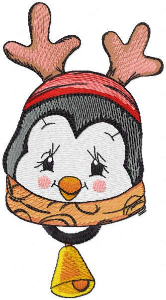 Penguin with horns and bell embroidery design