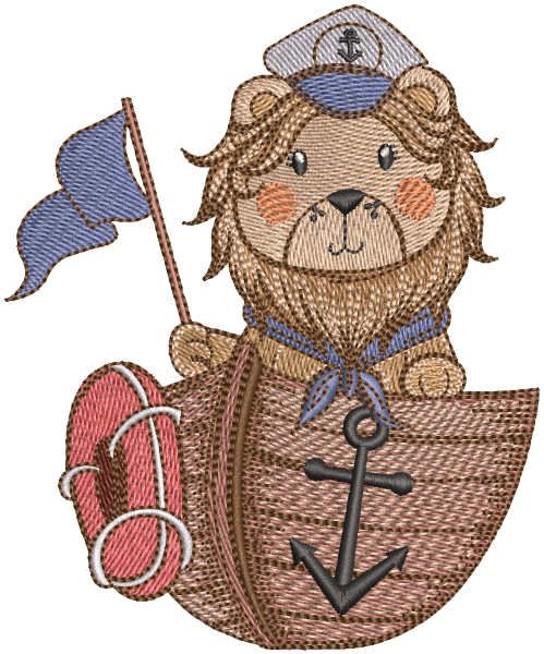 Lion captain on a ship embroidery design