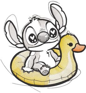 Stitch rides a rubber duck embroidery design