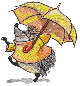 Hedgehog with umbrella under rain embroidery design