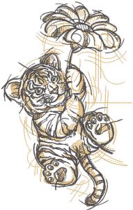 Tiger cub flying on a flower embroidery design