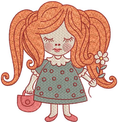 Red-haired girl with basket and a flower embroidery design