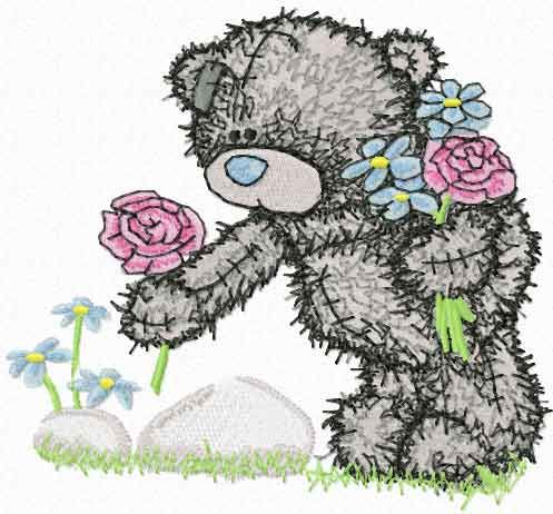 Teddy Bear collect flowers machine embroidery design