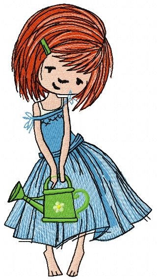 Girl with watering can 4 machine embroidery design