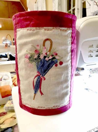 Embroidered home basket with umbrella tulip design