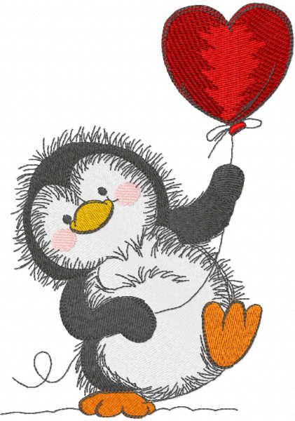 Penguin with red balloon embroidery design.