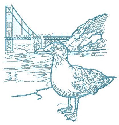 Seagull near bridge sketch machine embroidery design