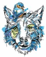 Dog with goldfinch on head embroidery design