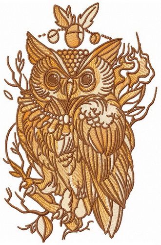Wise owl on tree branch machine embroidery design