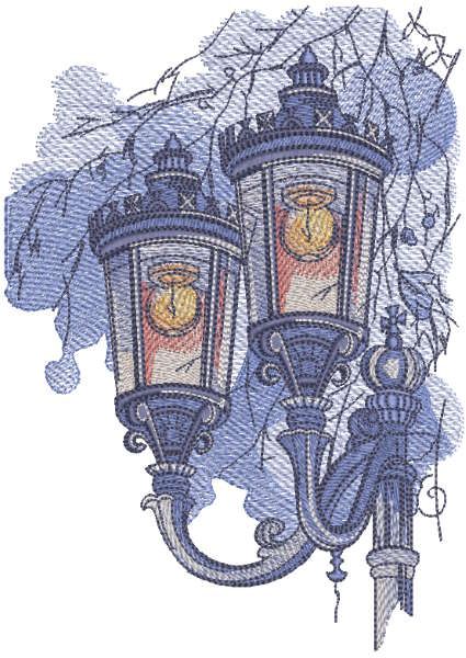 City lanterns on evening alley embroidery design