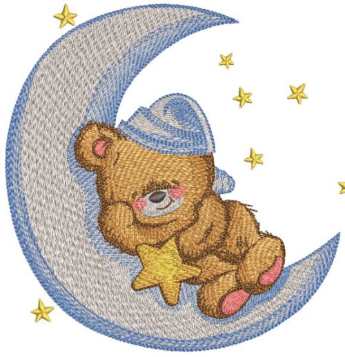 Teddy bear sleeps on the crescent embroidery design