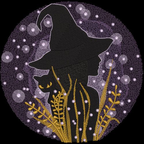 Halloween witch with black cat embroidery design