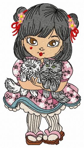 Japanese girl with cats machine embroidery design