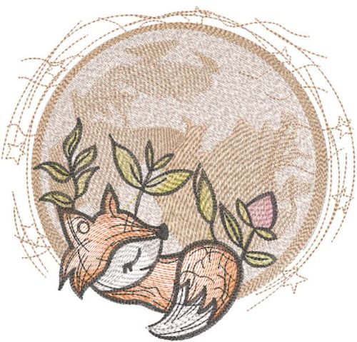 Sleeping little fox under the moon embroidery design