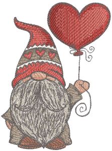 Dwarf with red heart shaped balloon embroidery design