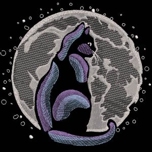 Gato contra o céu noturno e desenho de bordado da lua