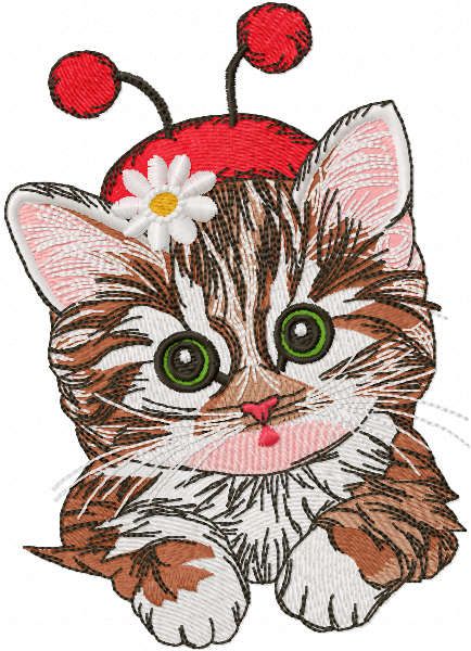 Cute kitten in ladybug costume embroidery design