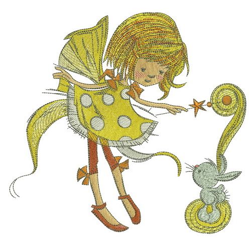 Fairy in polka dot dress with bunny machine embroidery design