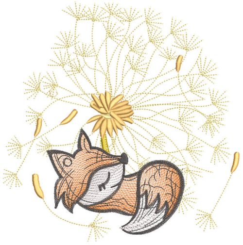 fox cub is resting under  a dandelion embroidery design