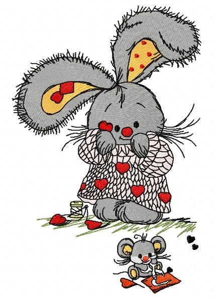 Bunny and tiny mouse machine embroidery design