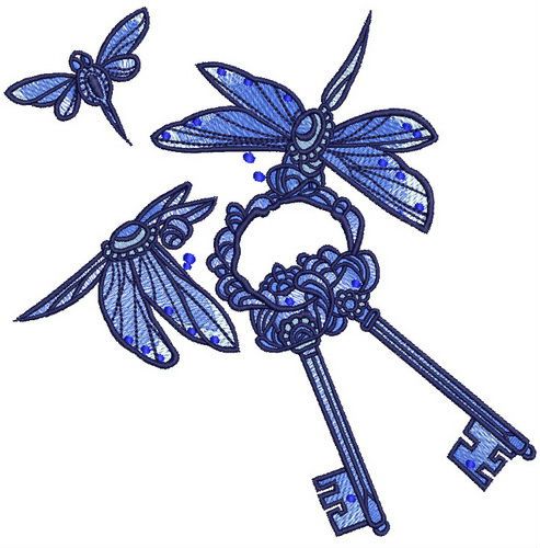 Dragonflies with keys machine embroidery design
