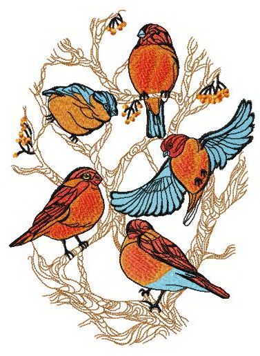 Flock of bullfinches on tree machine embroidery design