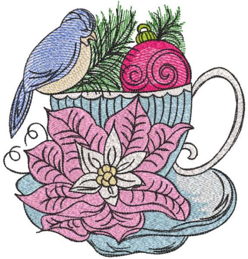Bird sitting on cup flower christmas ball embroidery design
