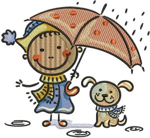 Boy and dog under rain embroidery design
